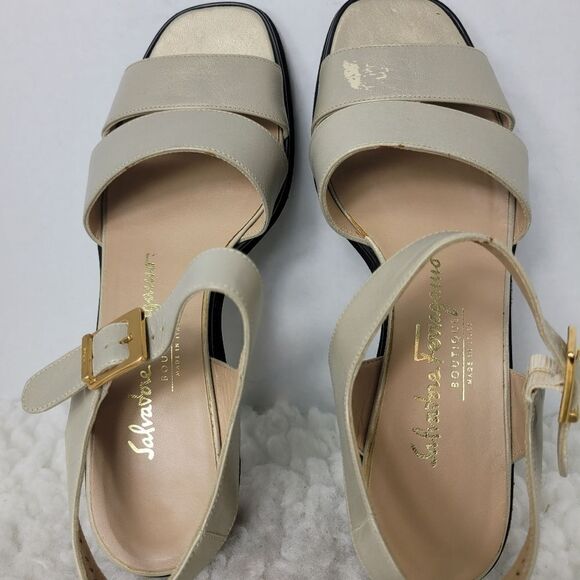 Salvatore Ferragamo | Shoes | Salvatore Ferragamo Gold Block  Salvatore Ferragamo Womens 6 B Sandals Tan Gold Leather Ankle Strap Open Toe